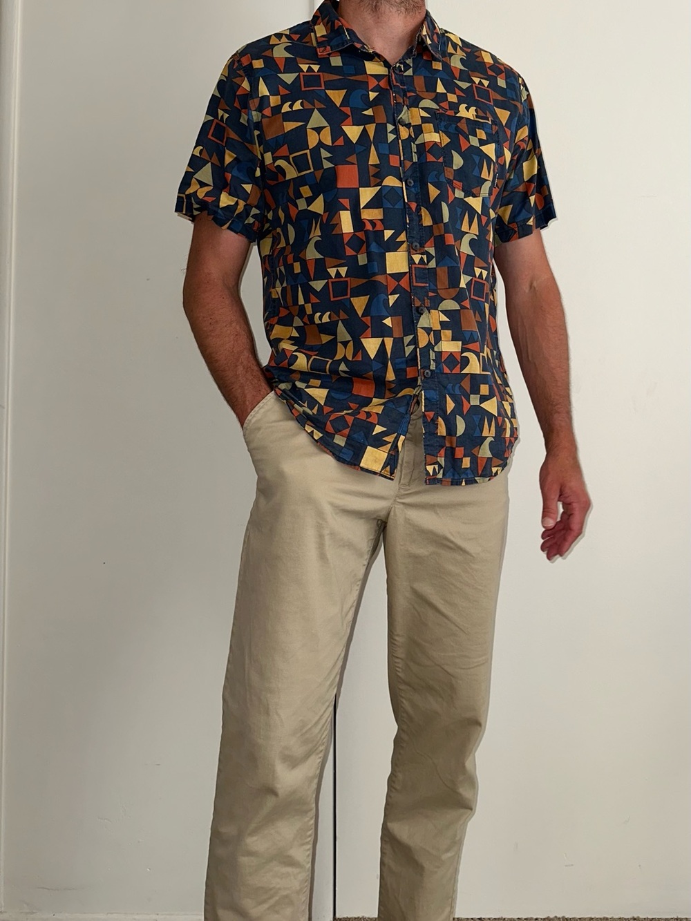 Geometric Print Short Sleeve Shirt in Navy, Mustard & Rust